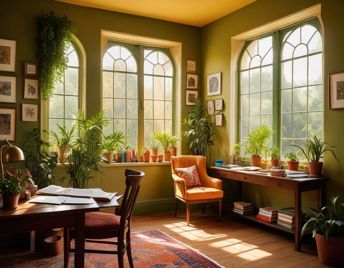 A serene and inspiring workspace with a person reflecting on their MBTI personality results, surrounded by colorful charts and personality diagrams. The atmosphere is warm and inviting, featuring plants and books that symbolize self-discovery and growth. Soft sunlight filters in, emphasizing a sense of tranquility and enlightenment. Include elements of diverse personalities depicted through art pieces on the walls. super-realistic. vibrant colors. warm tones.