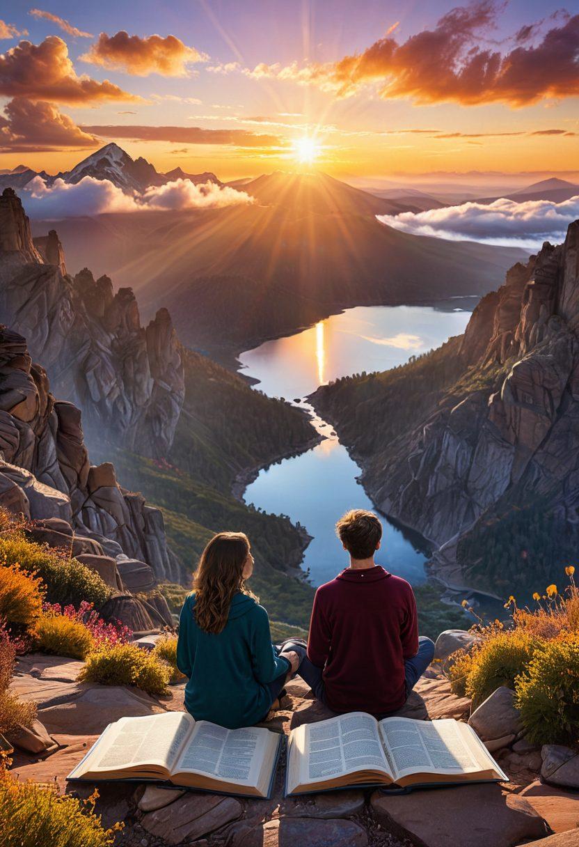 A serene scene depicting a person sitting cross-legged on a mountaintop, gazing at a sunrise, with symbols of various personality types swirling around them in a colorful, ethereal manner. The background features soft clouds and a glowing sun, symbolizing enlightenment and growth. Incorporate elements like books and a journal nearby, representing self-reflection. super-realistic. vibrant colors. dreamy atmosphere.