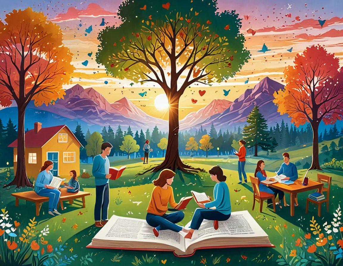 A colorful illustration of the Myers-Briggs personality types represented as diverse characters engaging in joyful activities. Surrounding them are symbols of personal growth like trees, books, and light bulbs. The background features a bright and welcoming landscape with a sunrise to symbolize new beginnings. Add whimsical elements like floating hearts and stars to enhance the sense of joy. vibrant colors. illustration.